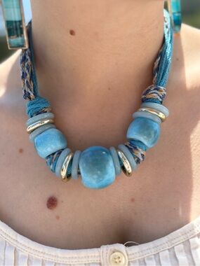 Ladies Caribbean Blue Ceramic Beads Rope Braided Necklace
